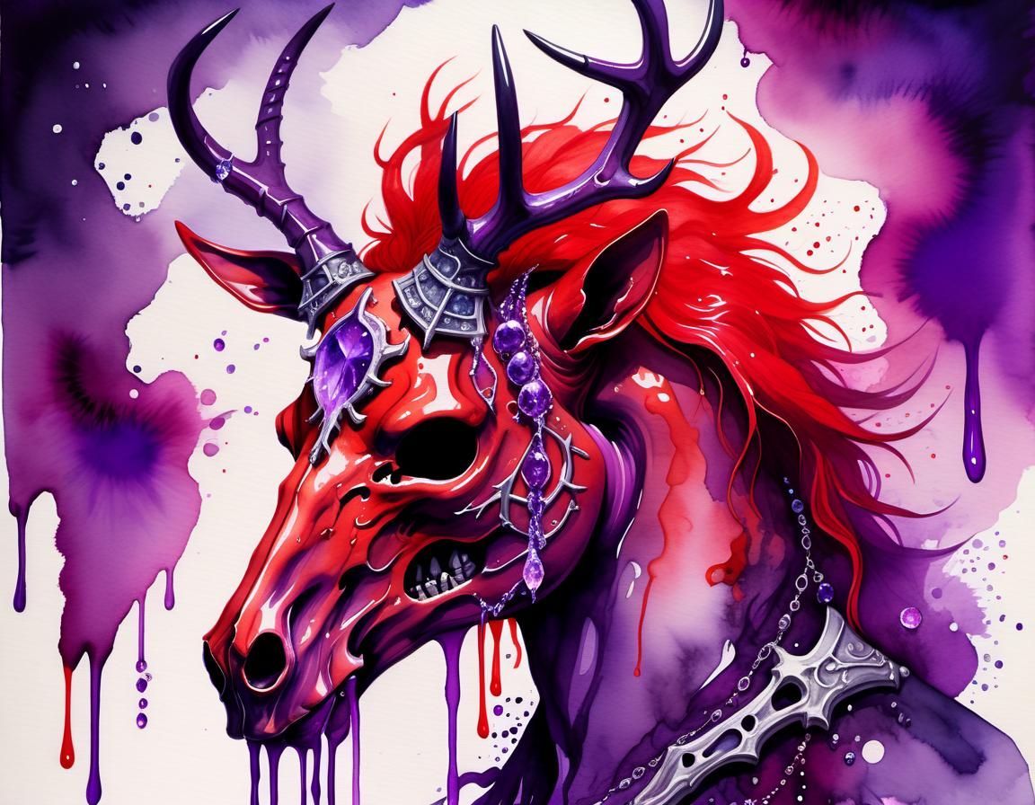 Red Horse of War with Gothic Skull, Watercolor