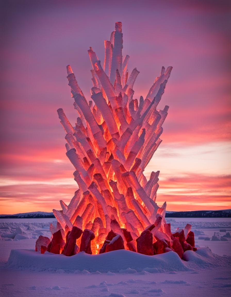 Icy Bonfire Sculpture at Arctic Sunset