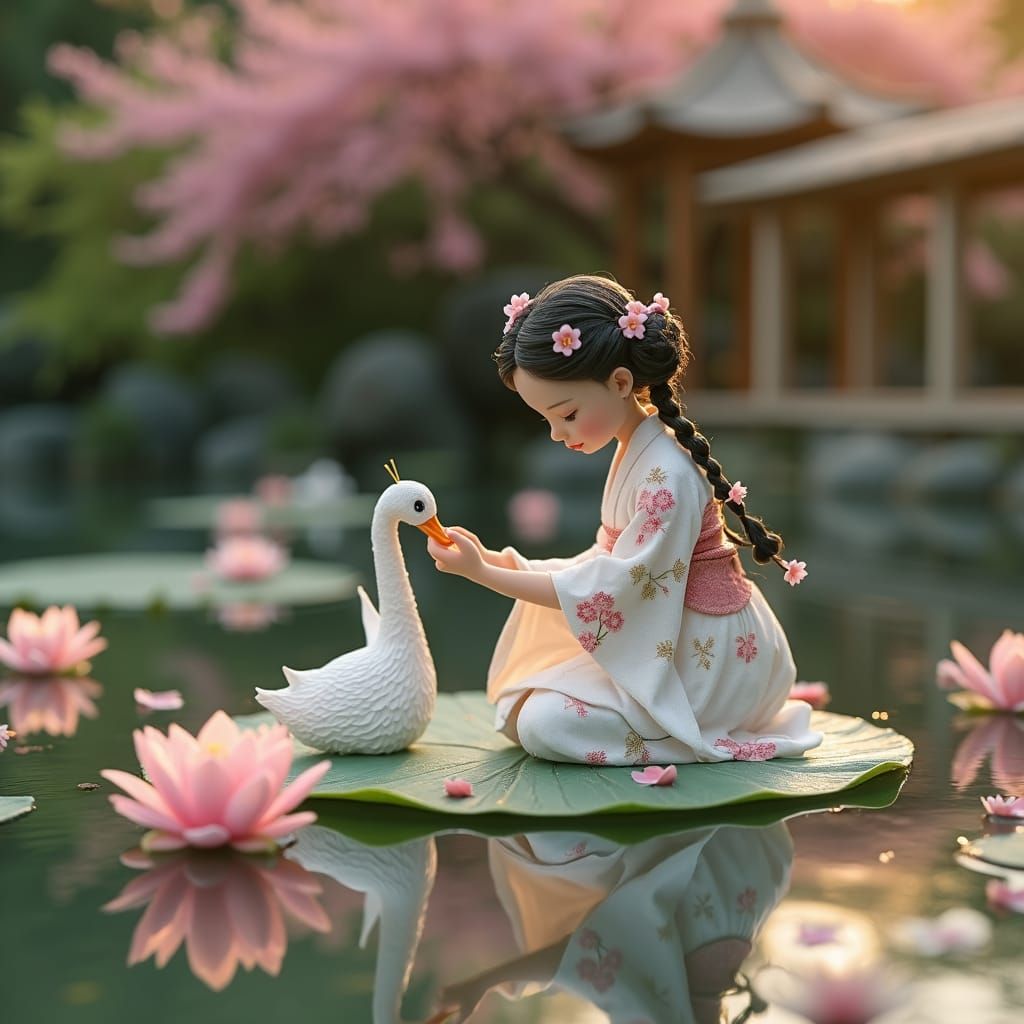 Japanese Garden Water Nymph with Origami Swan