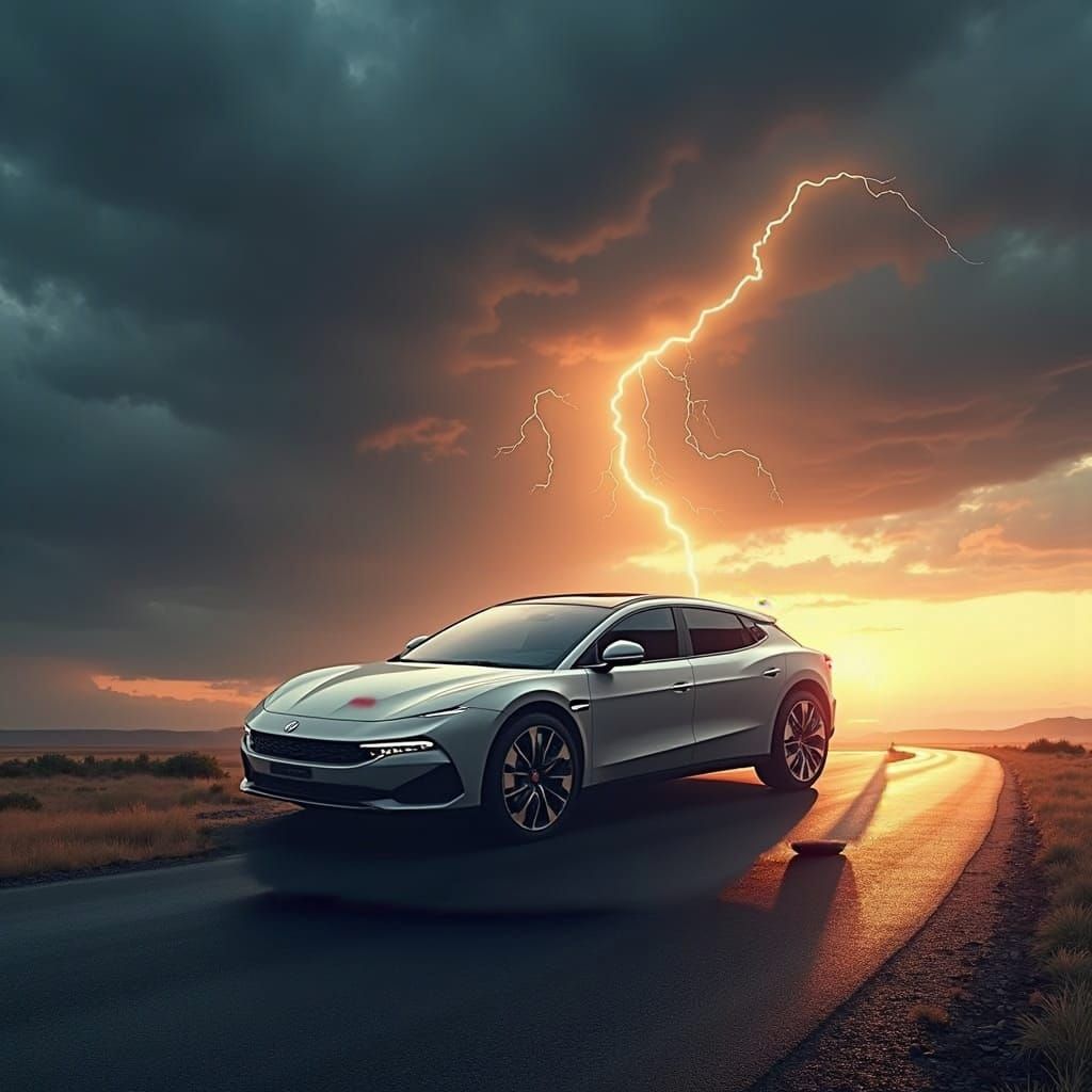 Red Fiat Marea Ready for Storm, Detailed Matte Painting