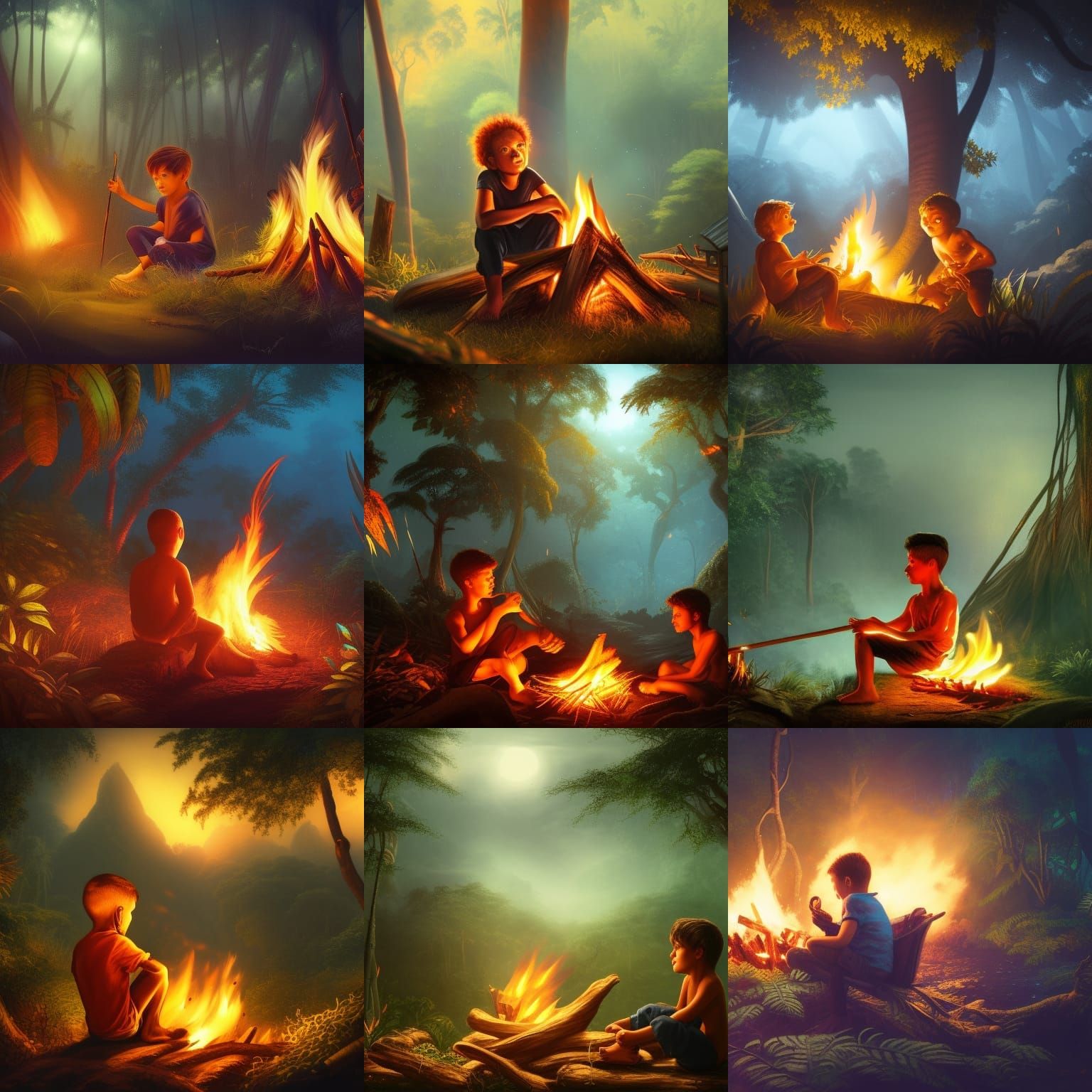 Jungle Bonfire at Night: Detailed Matte Painting