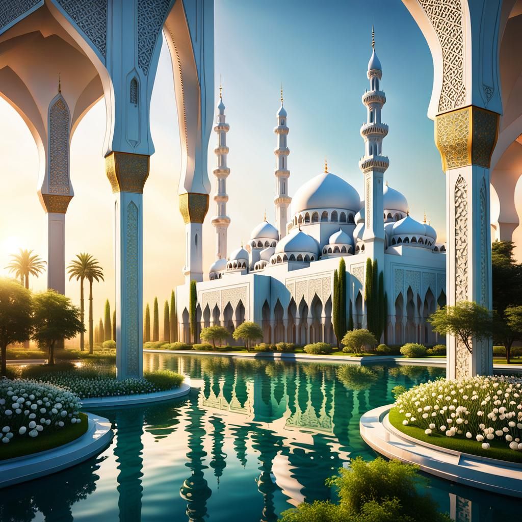 Futuristic Mosque with Islamic Geometric Patterns