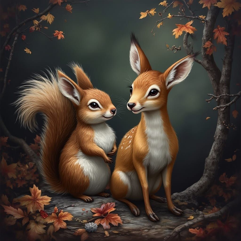 Squirrel and Fawn Friendship in Autumnal Landscape