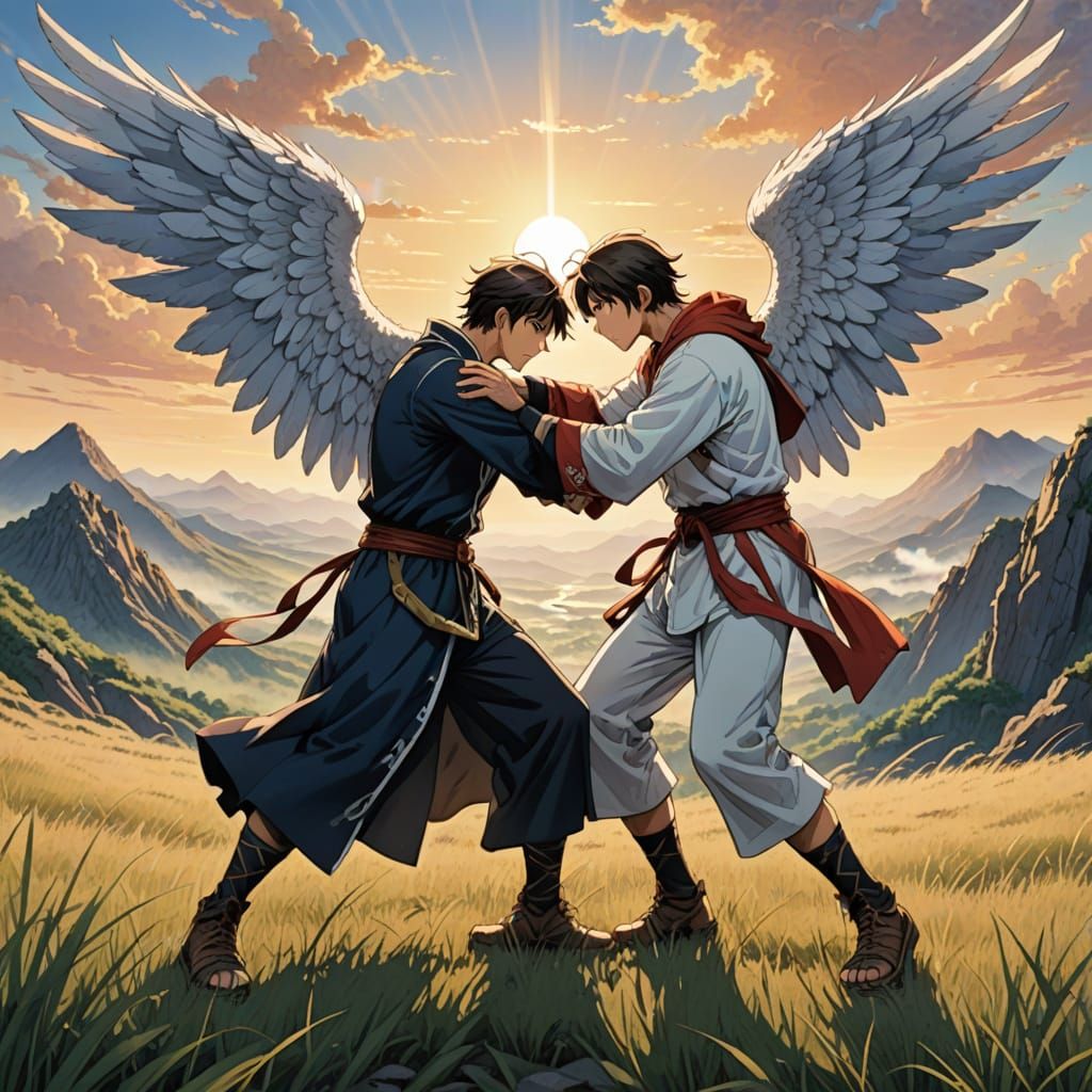 Jacob Wrestles Angel at Sunrise in Anime Style