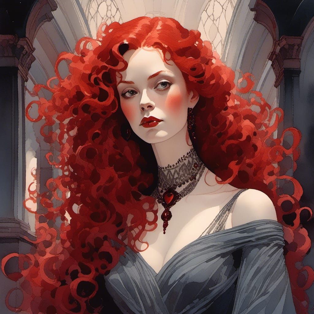 Woman with Red Curls in Sci-Fi Vampire Gown