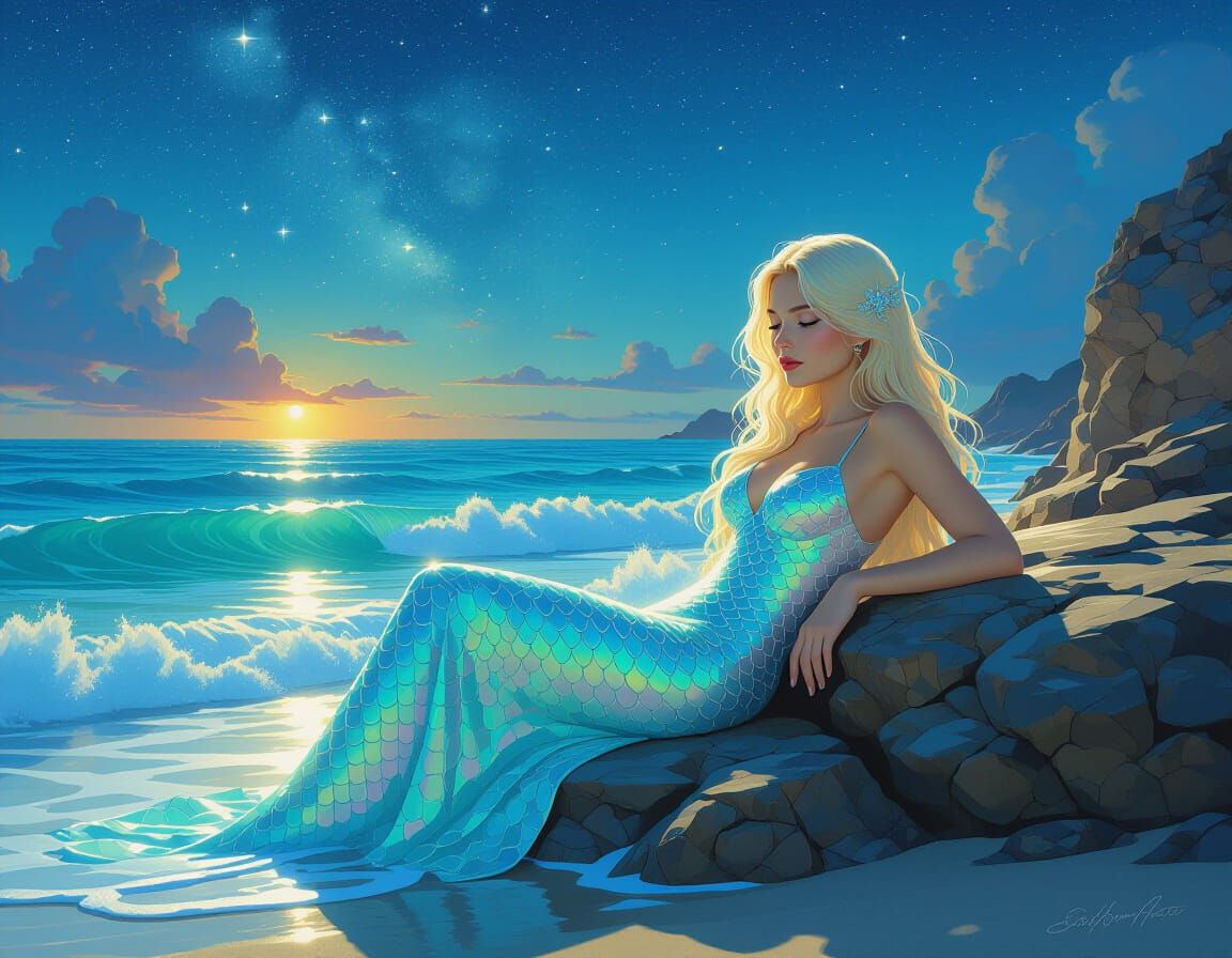 Blonde Mermaid Lounging Under Bioluminescent Starry Sky