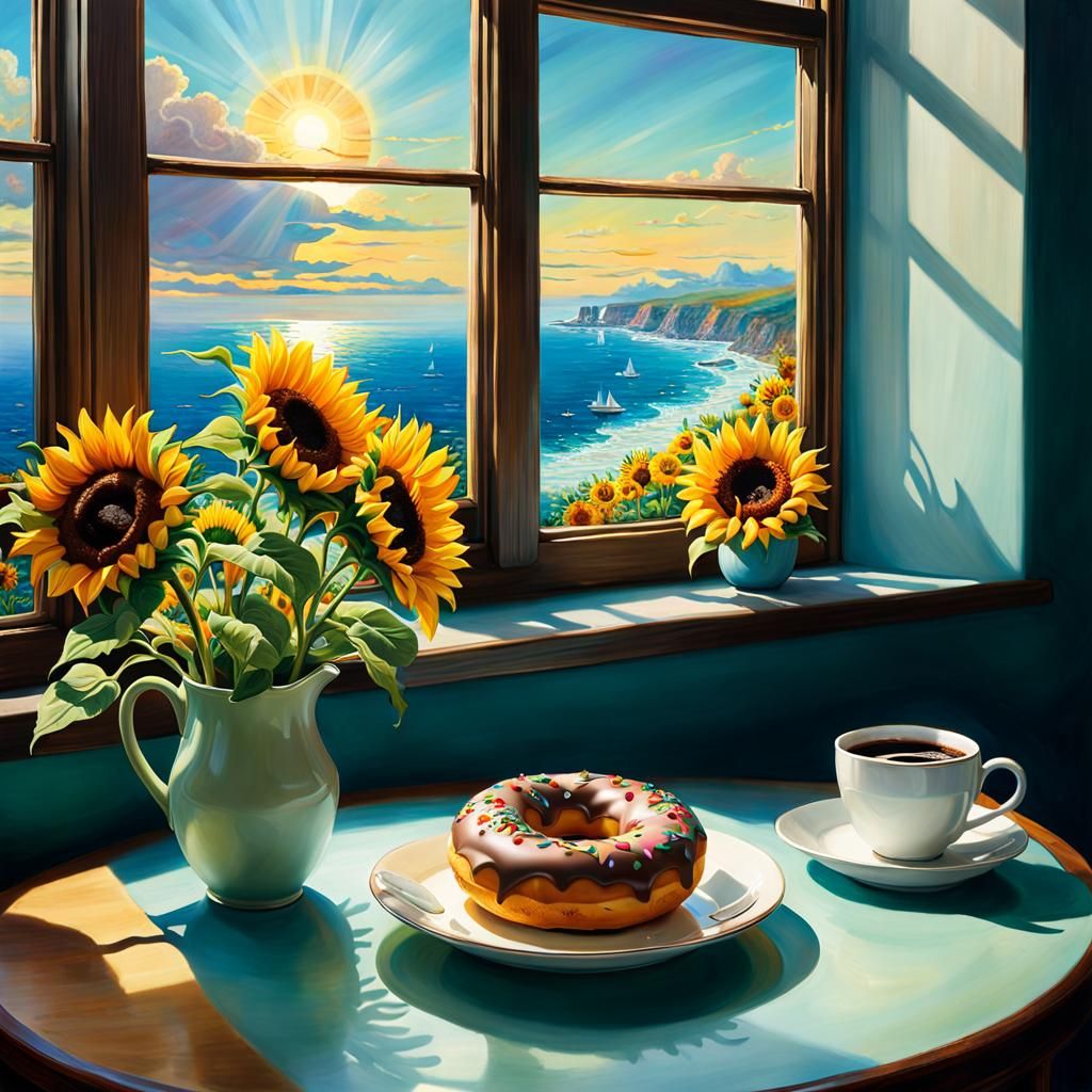 Sweet Moments by the Sea: A Delicious Donut, Cozy Coffee, and Sunny Sunflowers