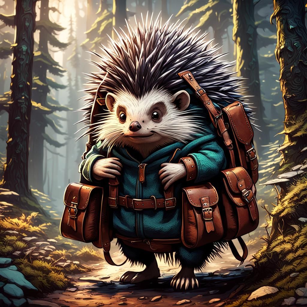 Adorable Porcupine Salesman in Dark Forest: Fantasy Art
