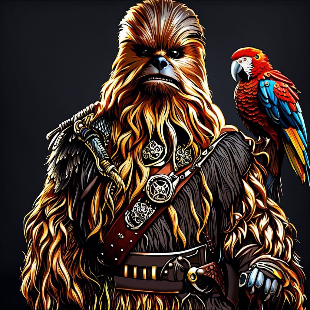 Hyperrealistic Chewbacca as Pirate with Parrot