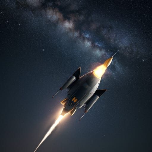 A rocket ship blasting off into a sky full of stars and planets