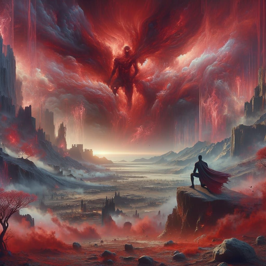 Dark Fantasy Scene: Red Storm Devastates Barren Landscape