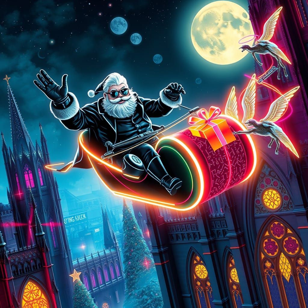 Cyberpunk Santa Claus Soars Through Futuristic Christmas Nig...