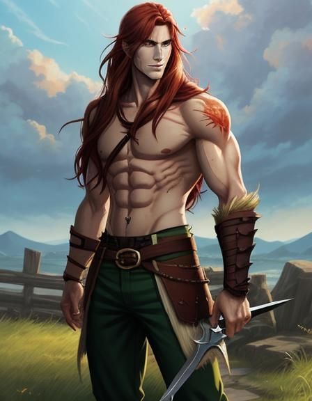 Anime Style Barbarian with Red Hair and Scars