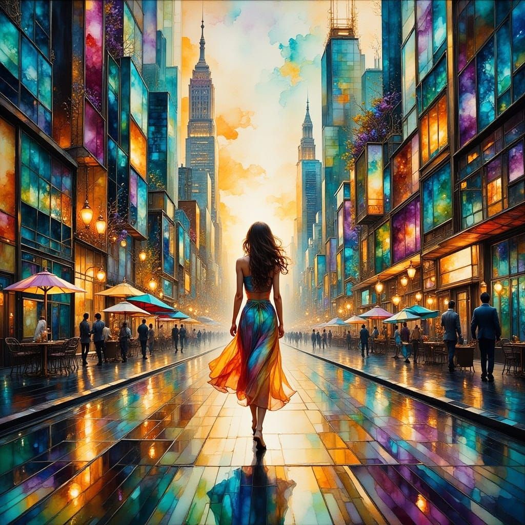 Woman in Cityscape: Impressionist Urban Wax Art