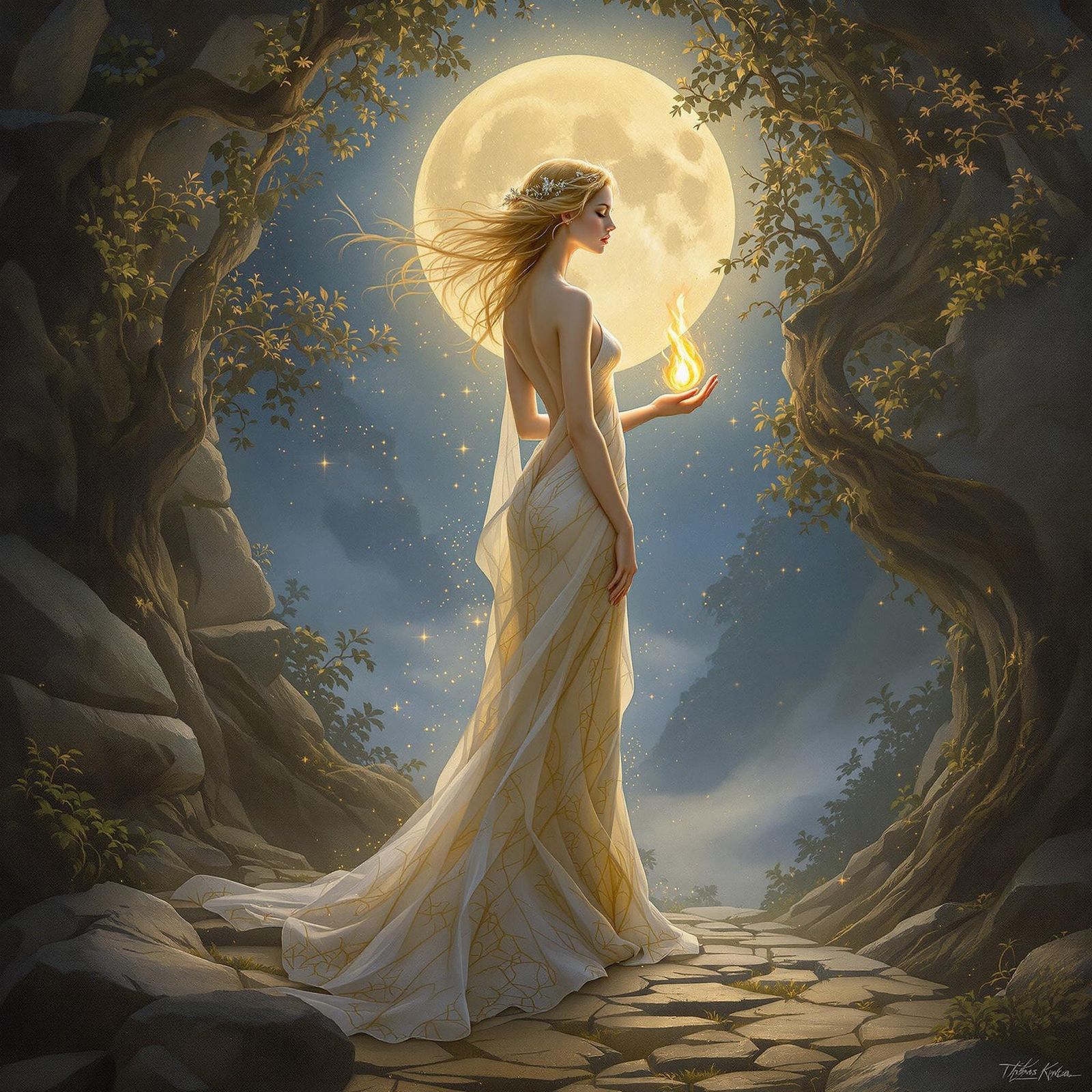 Mystical Stone Maiden with Flame in Enchanted Forest