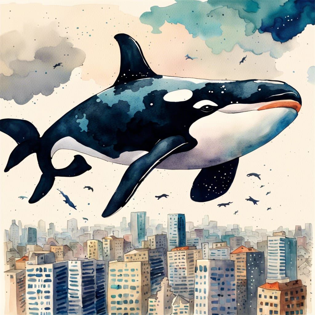 Orca Flies Over Tel Aviv: Wes Anderson Anime Watercolor