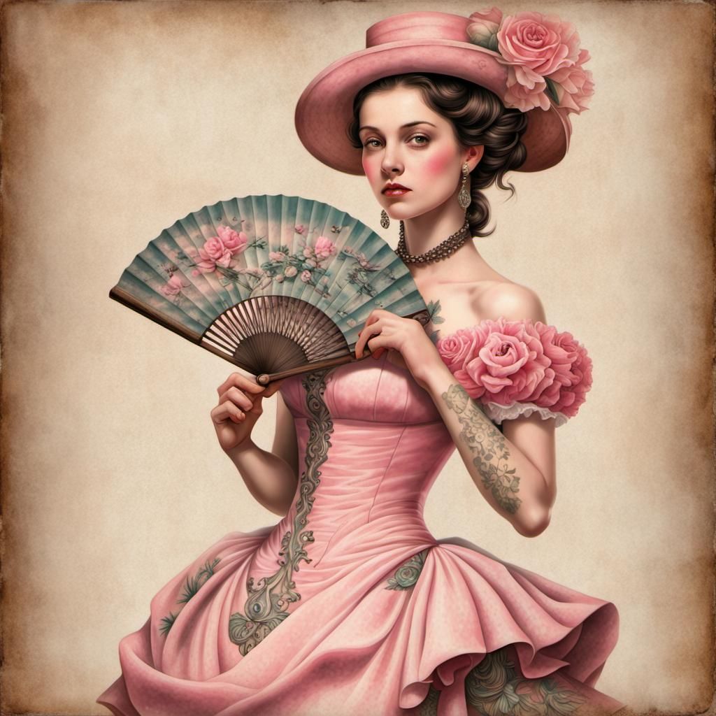 Woman with Tattoo in Pink Dress, Rococo Digital Art