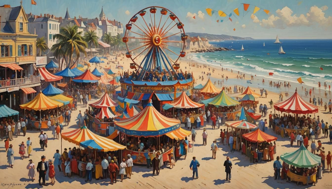 Beach Carnival in Impressionistic Oil Painting Style