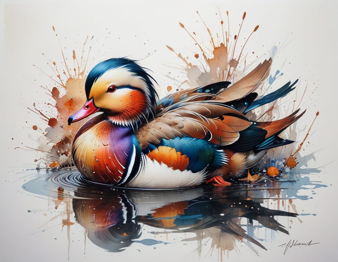 Mandarin Duck Preening in Jewel Tones, Watercolour Style