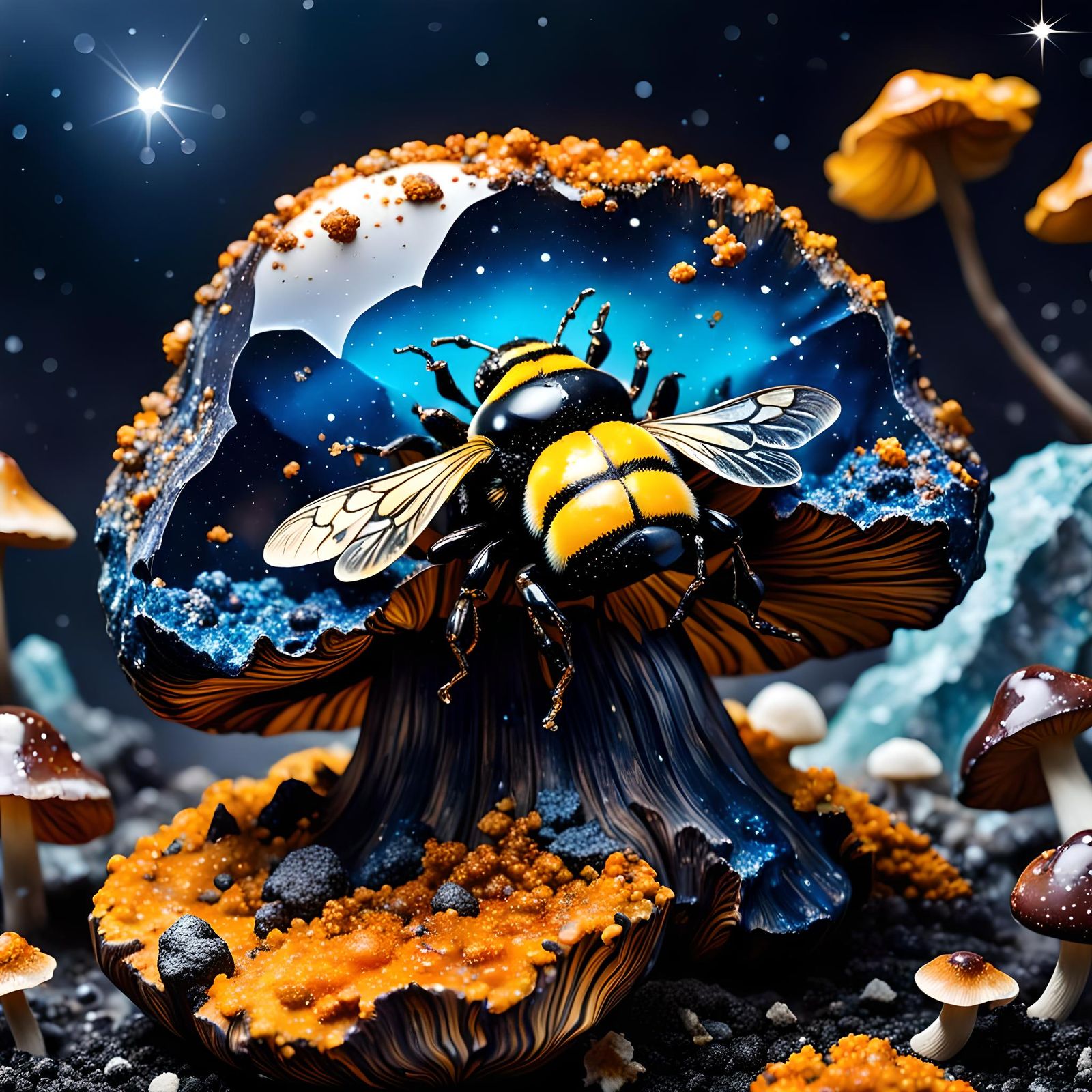 Hyperrealistic Jasper Mushroom in Starlight Landscape