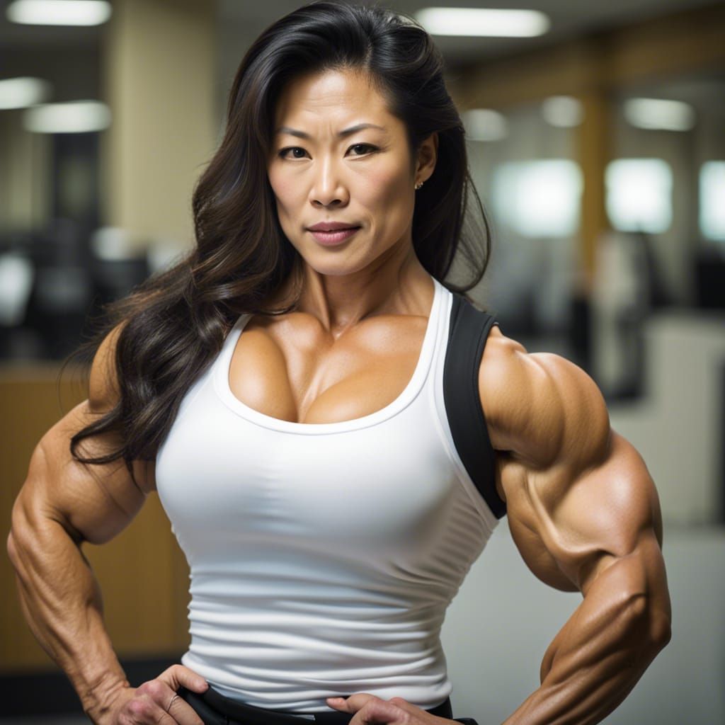 Muscular Asian Bodybuilder as Office Secretary