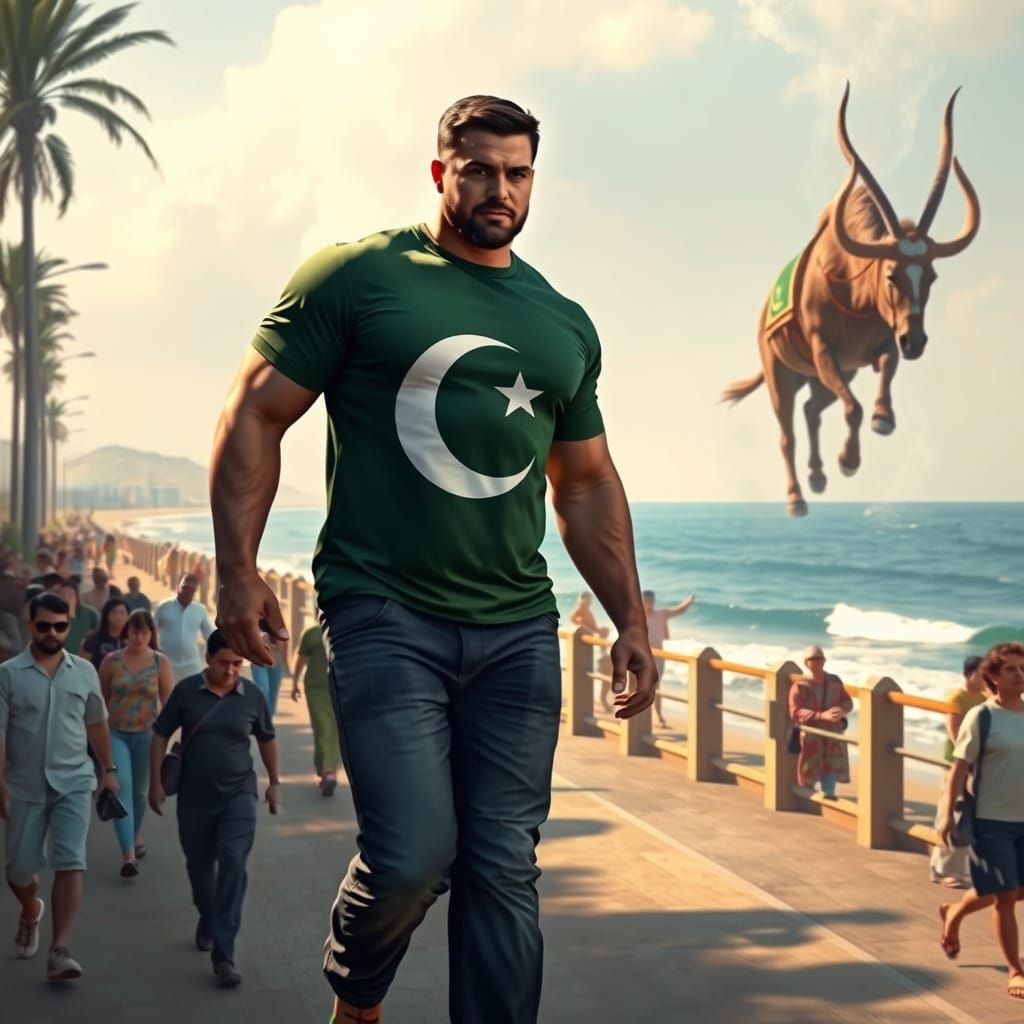 Muscular Man Embodies Pakistani Pride Along Coastal Promenad...