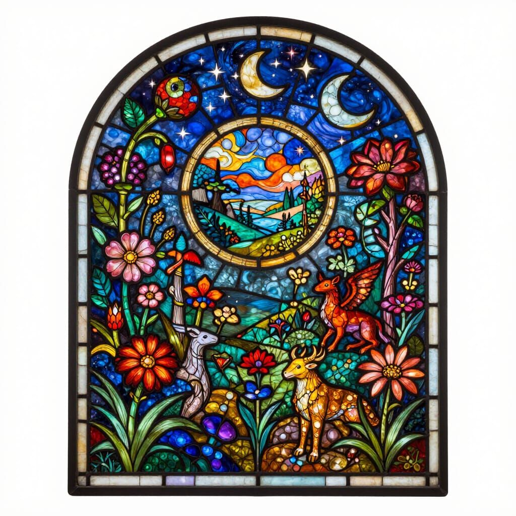 Stained Glass Garden of Eden with Magical Creatures