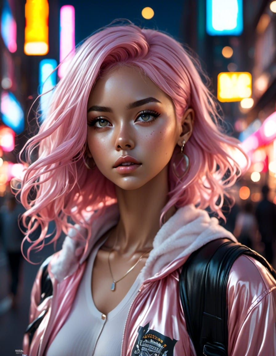 Anime Woman Portrait in Neon Cityscape