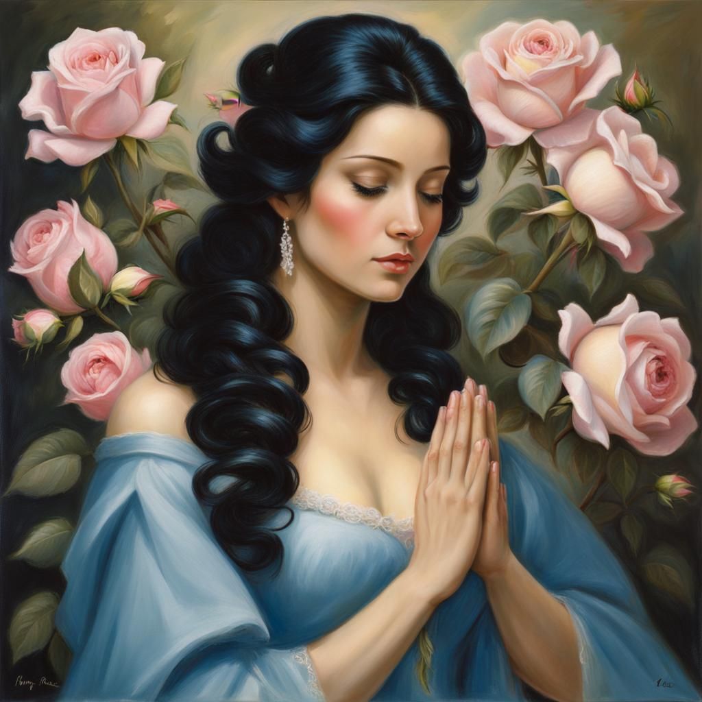 Praying Woman Portrait Among Pastel Roses