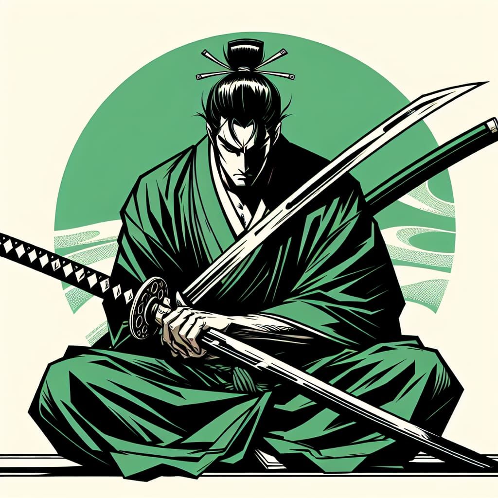 Samurai in Green Kimono with Black and White Sword
