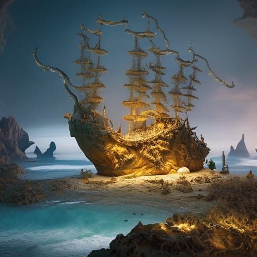 Hyperdetailed Pirate Cave on a Beach Photograph