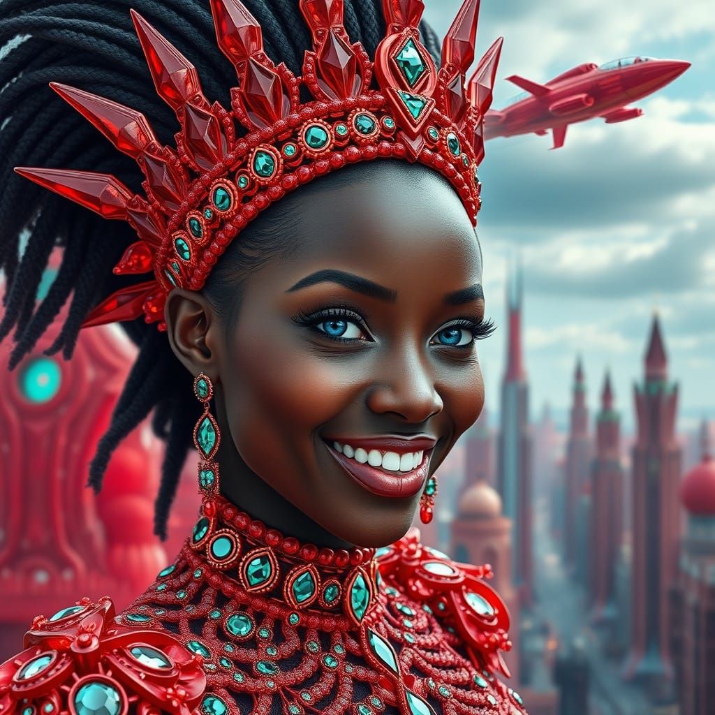 Futuristic Red Crystal City with Queen in Crystal Regalia