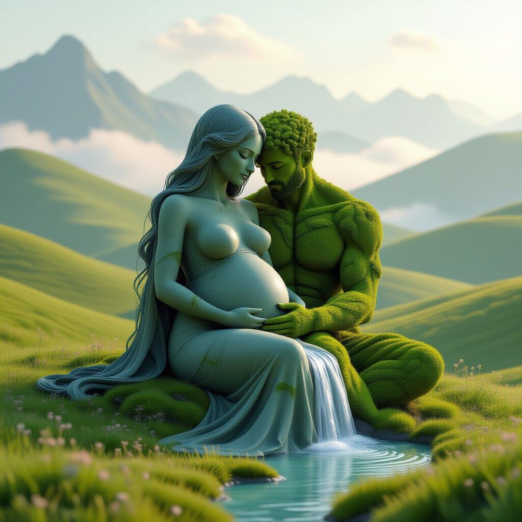Pregnant Goddess Embraced by Stone Figure in Surreal Landsca...