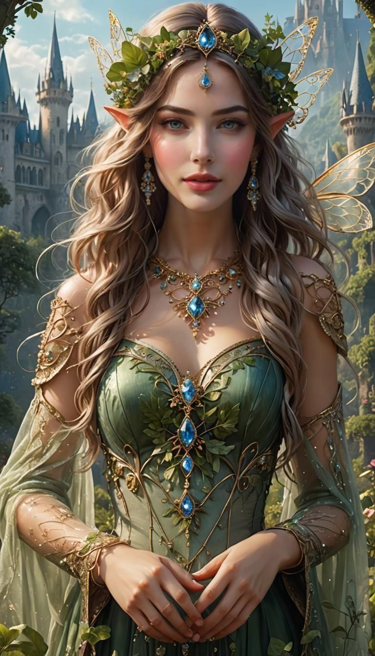 Enchanted Bohemian Fairy in Elven Gown Amidst Whimsical Cast...