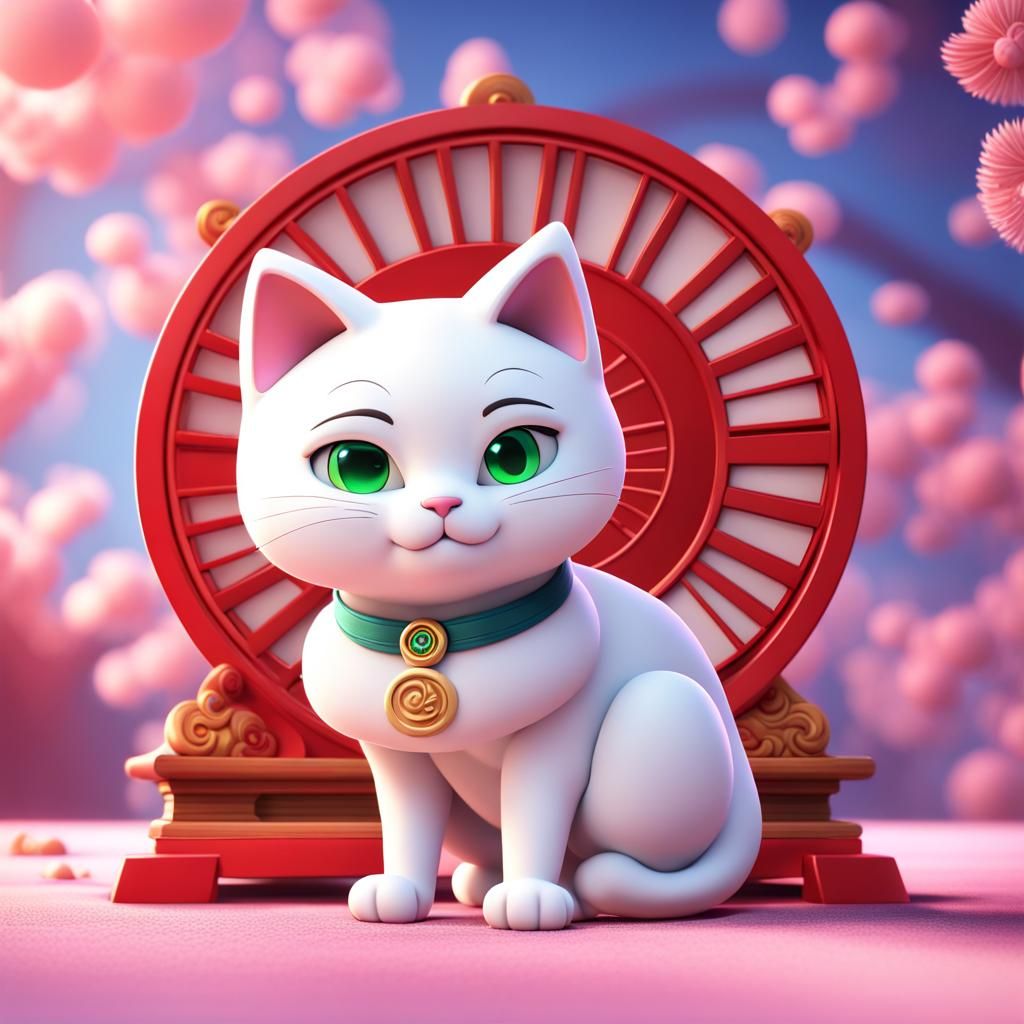 Lucky White Cat: 3D Digital Art in Pixar Style