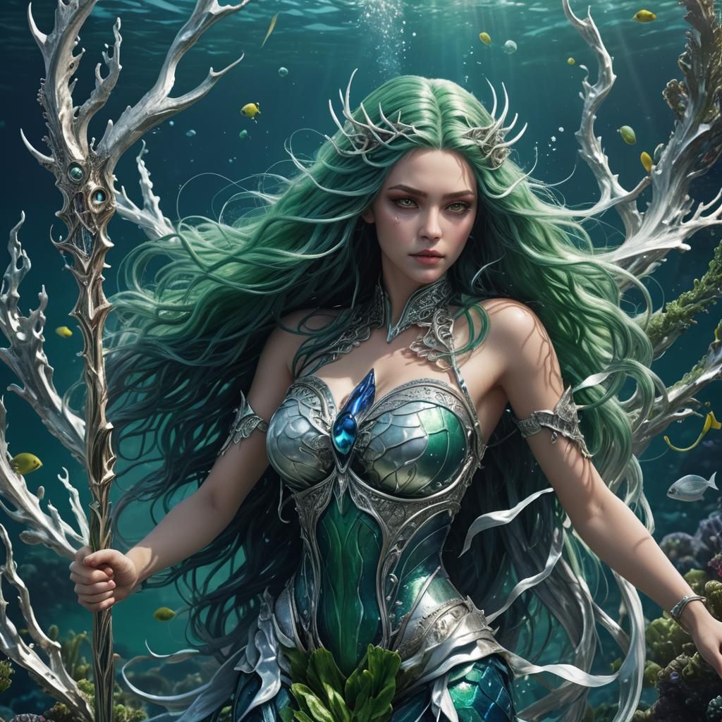 Hyperreal Siren with Silver Trident in Deep Blue Sea