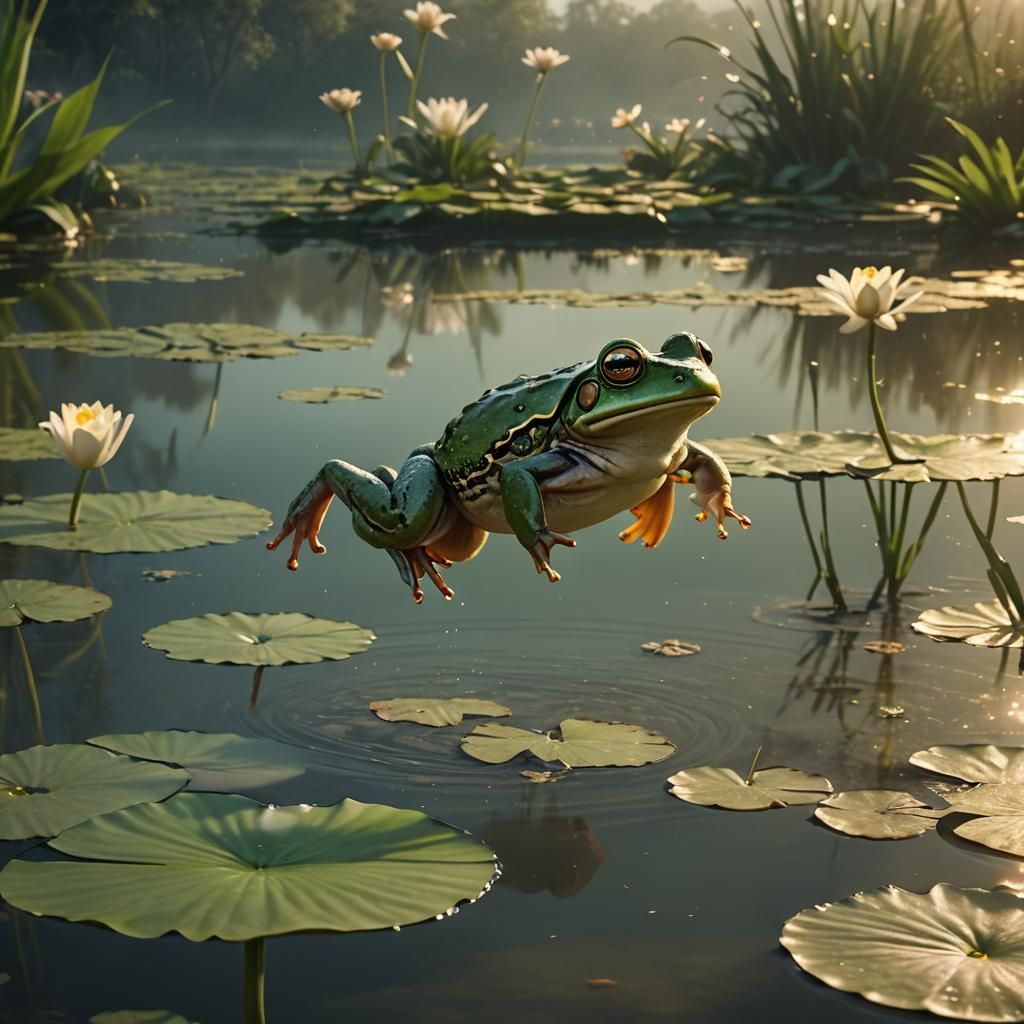 Frog's Leap: A Hyperrealistic Pond Scene
