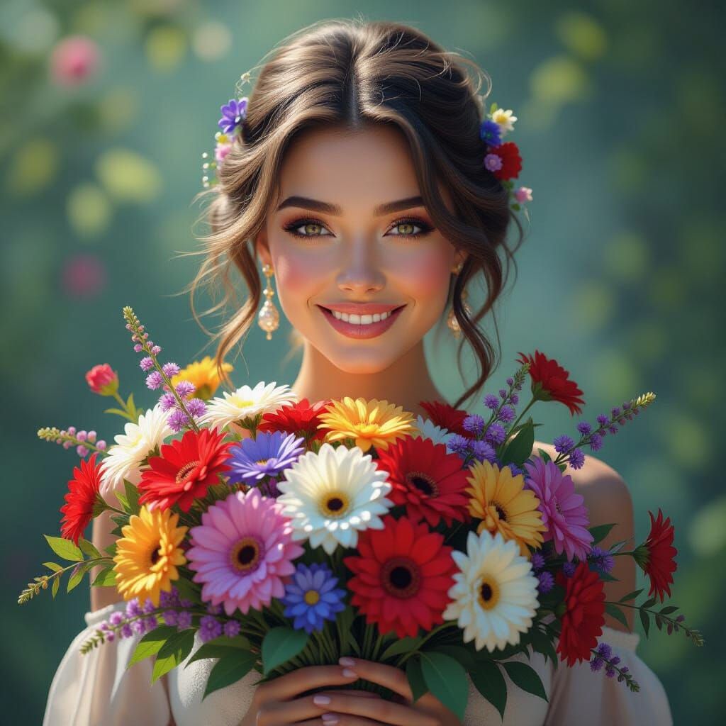 Woman with Birthday Bouquet in Splash Art Style