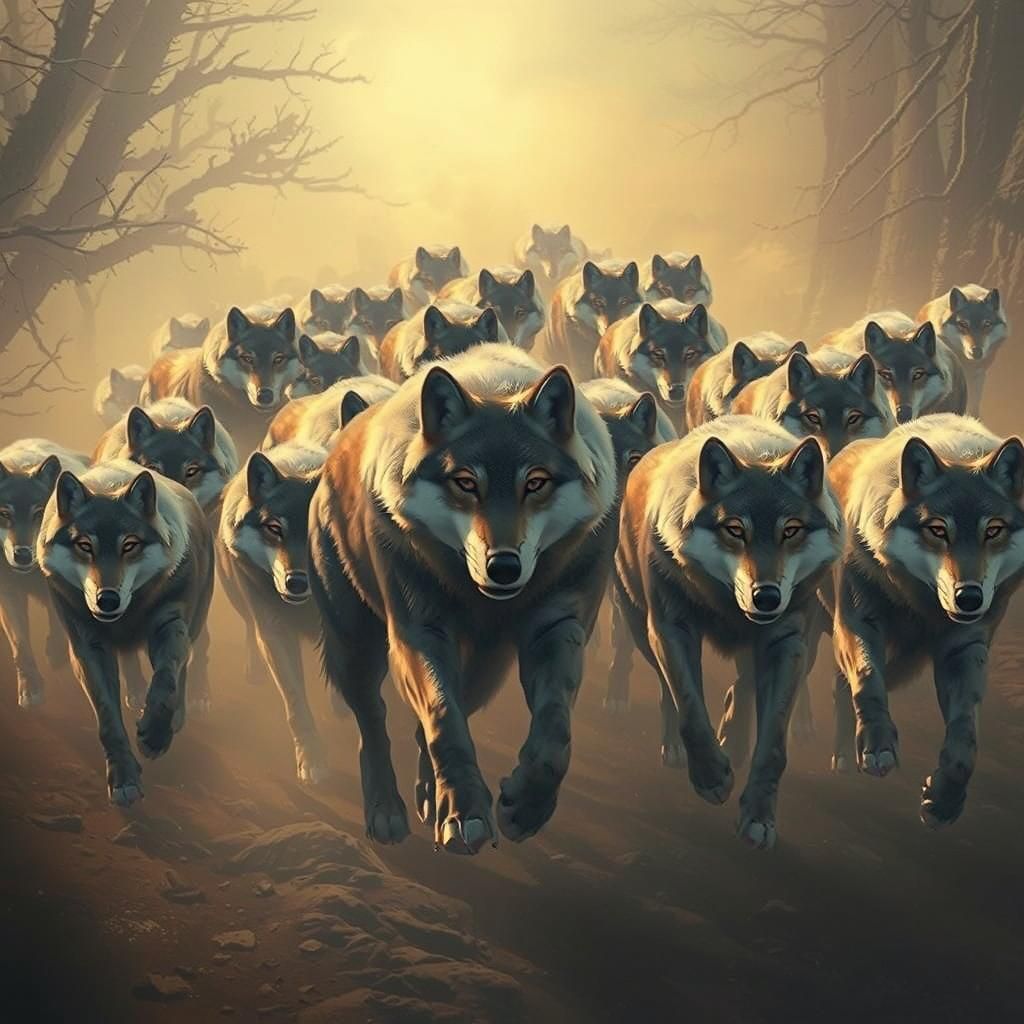 Hyperrealistic Wolves in Misty Landscape