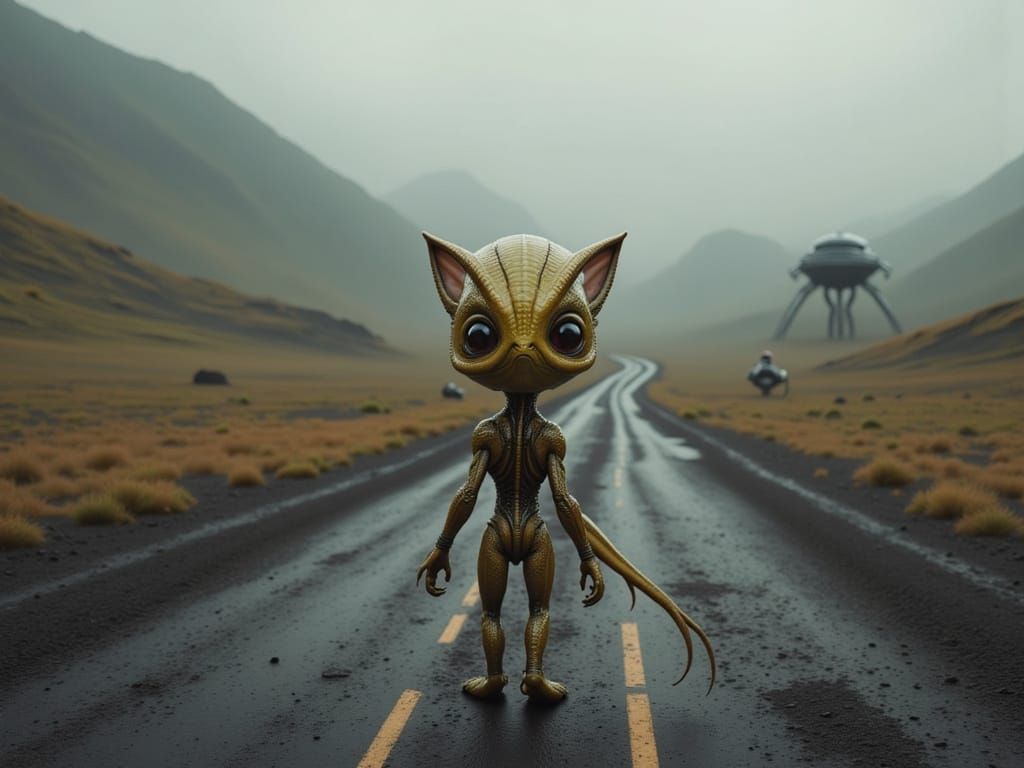Lost Alien Seeks Spaceship on Misty Road
