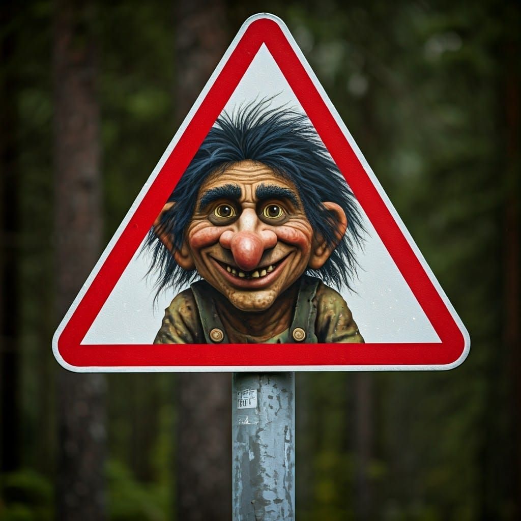 Troll Road Sign in the Style of Theodor Kittelsen