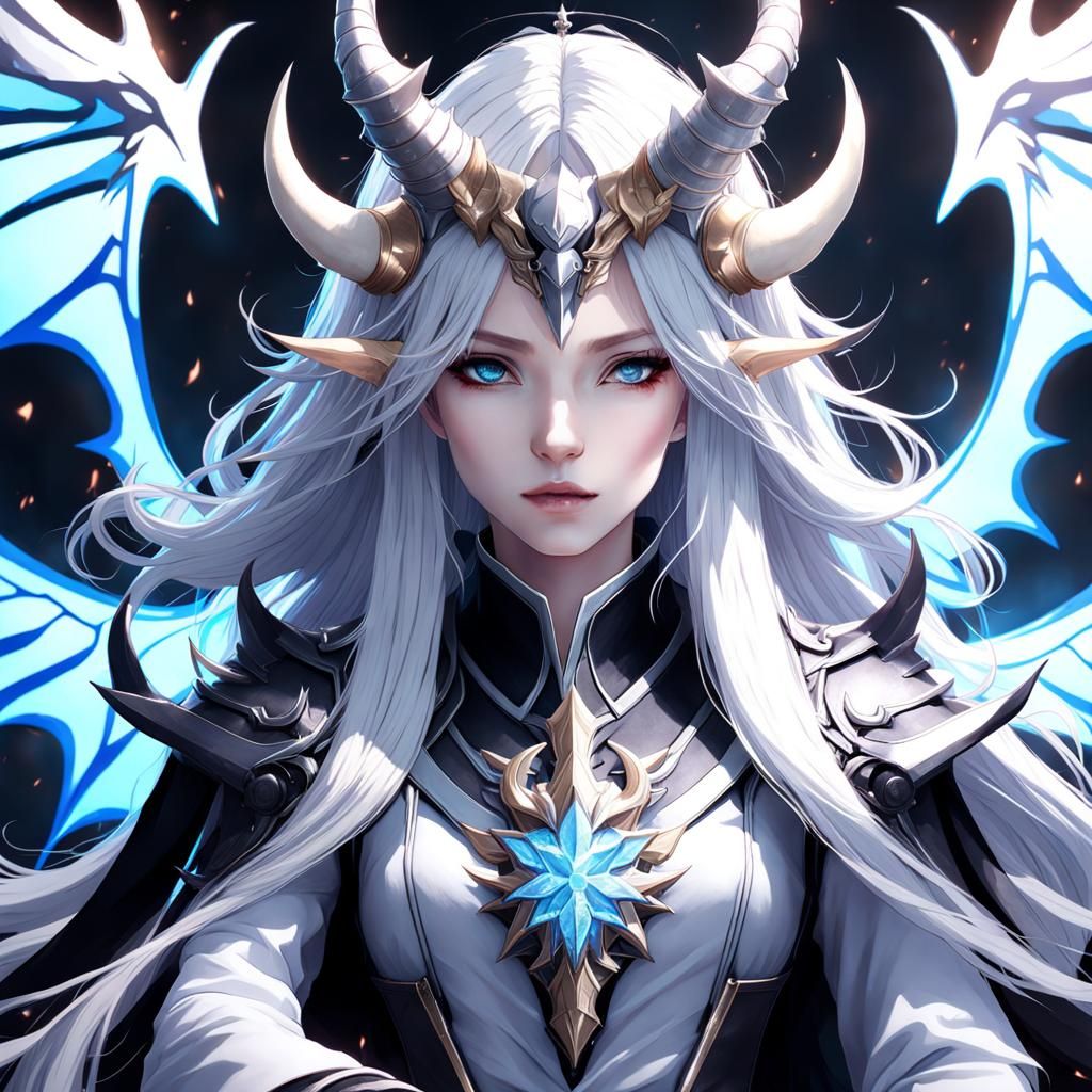 Anime Portrait: Beautiful Demon Woman on Silver Throne