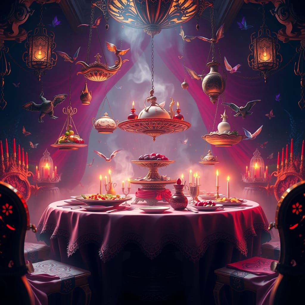 Magical Banquet: Levitating Dishes in Whimsical Matte Painti...