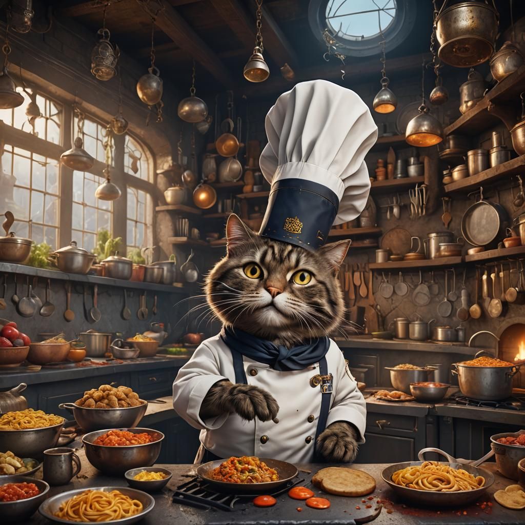 Tired Cat Chef in Detailed Digital Painting