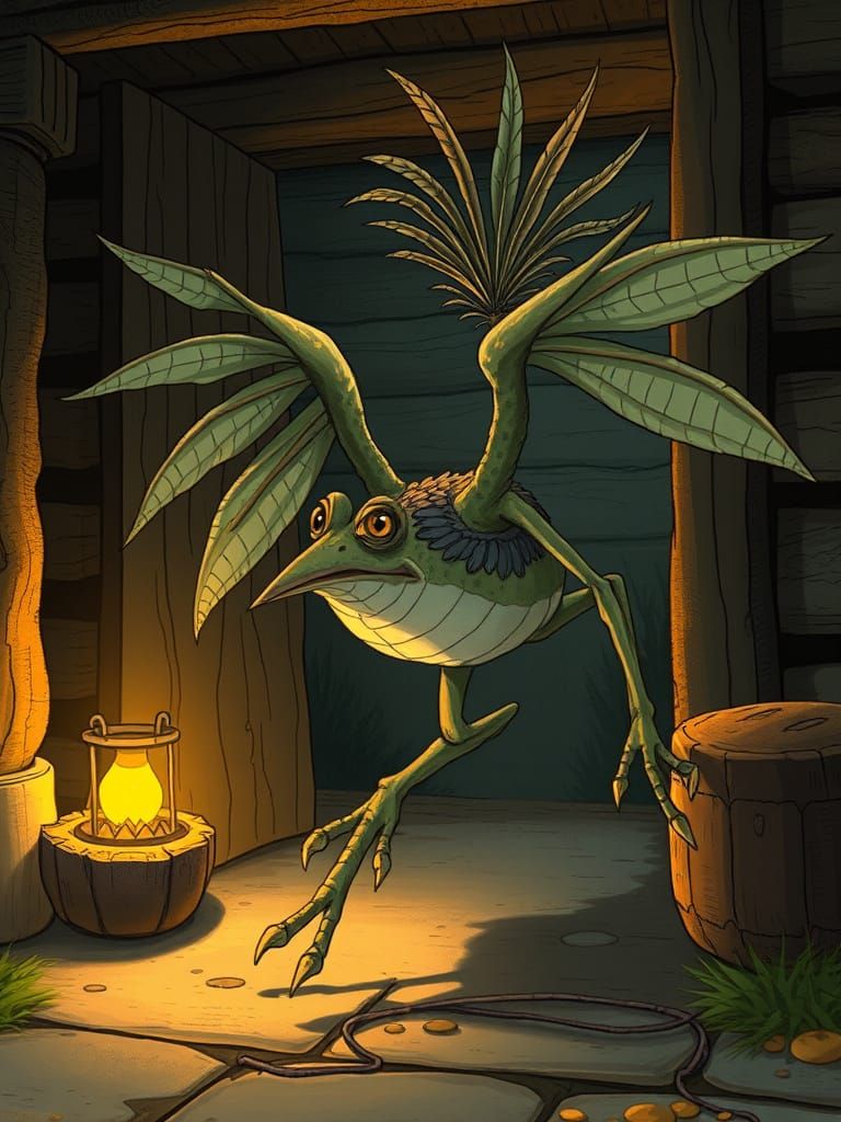 Bizarre Toad-Bird Creature Explores Rustic Cabin