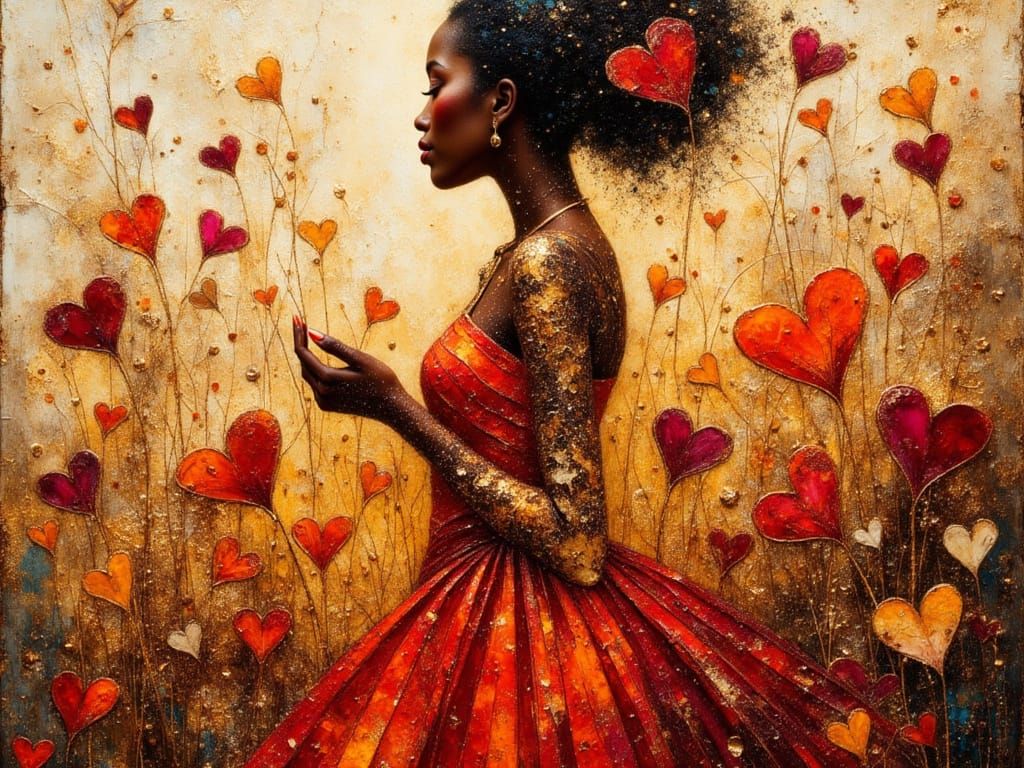 African Princess Silhouette with Hearts in Impasto Style