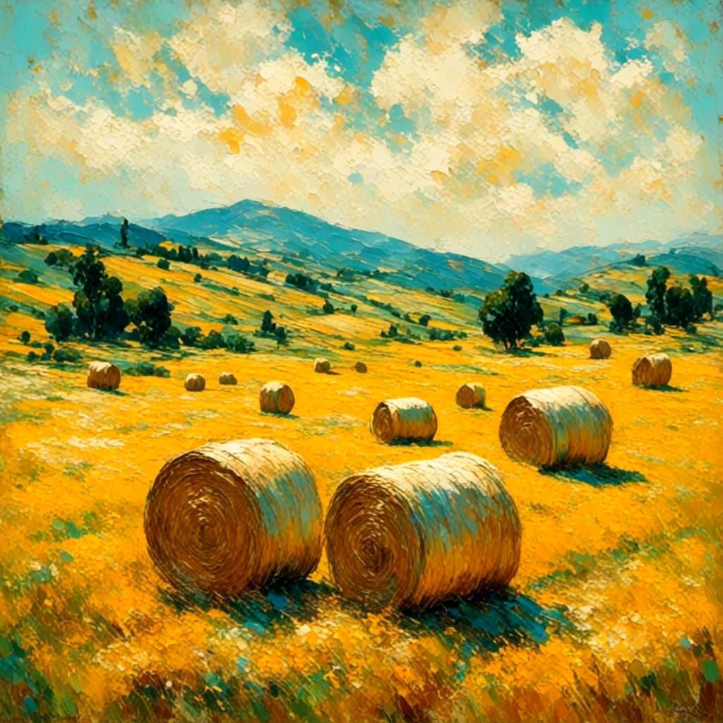 Impressionist Hay Bales in Golden Field