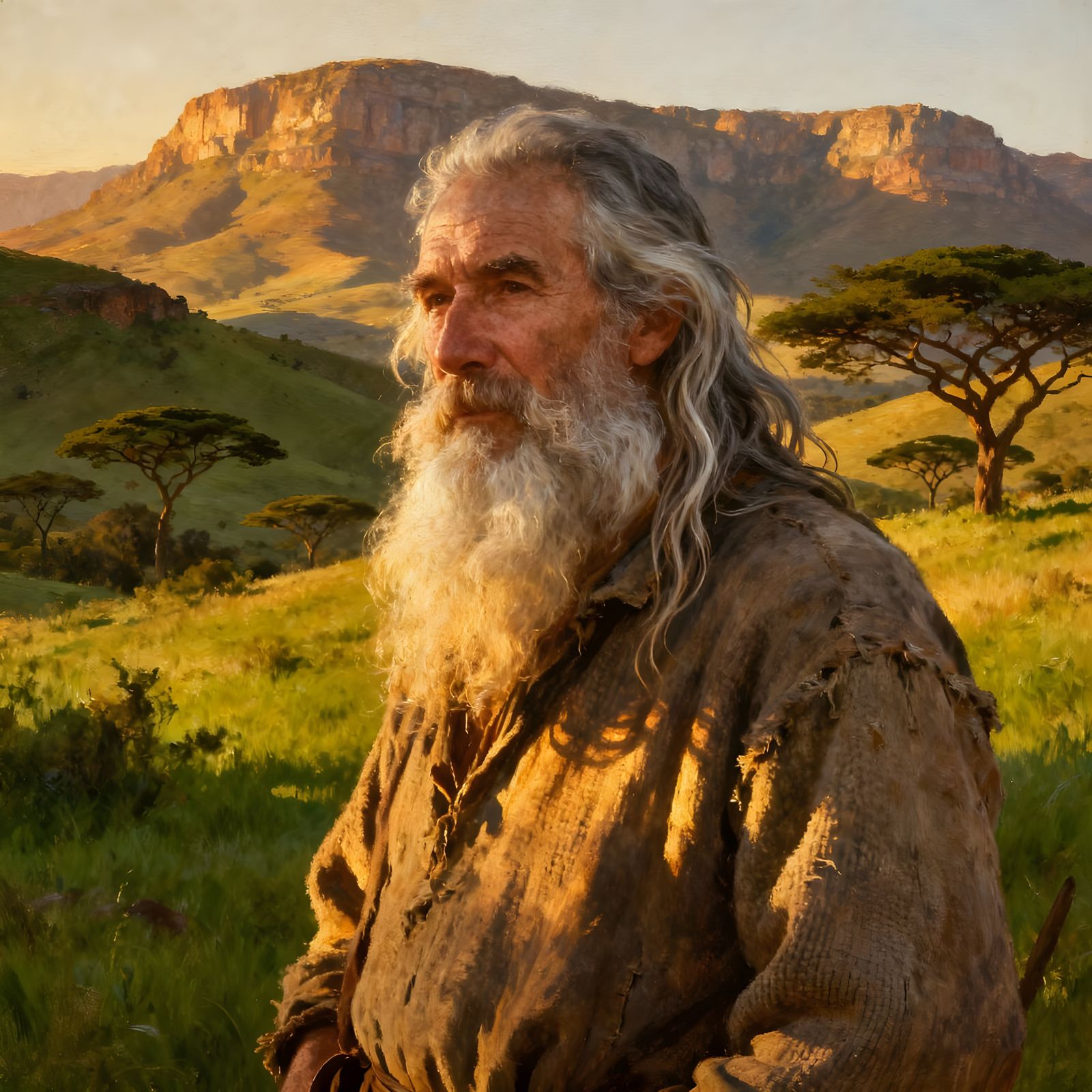 Old Man with Long Beard in Lush Landscape
