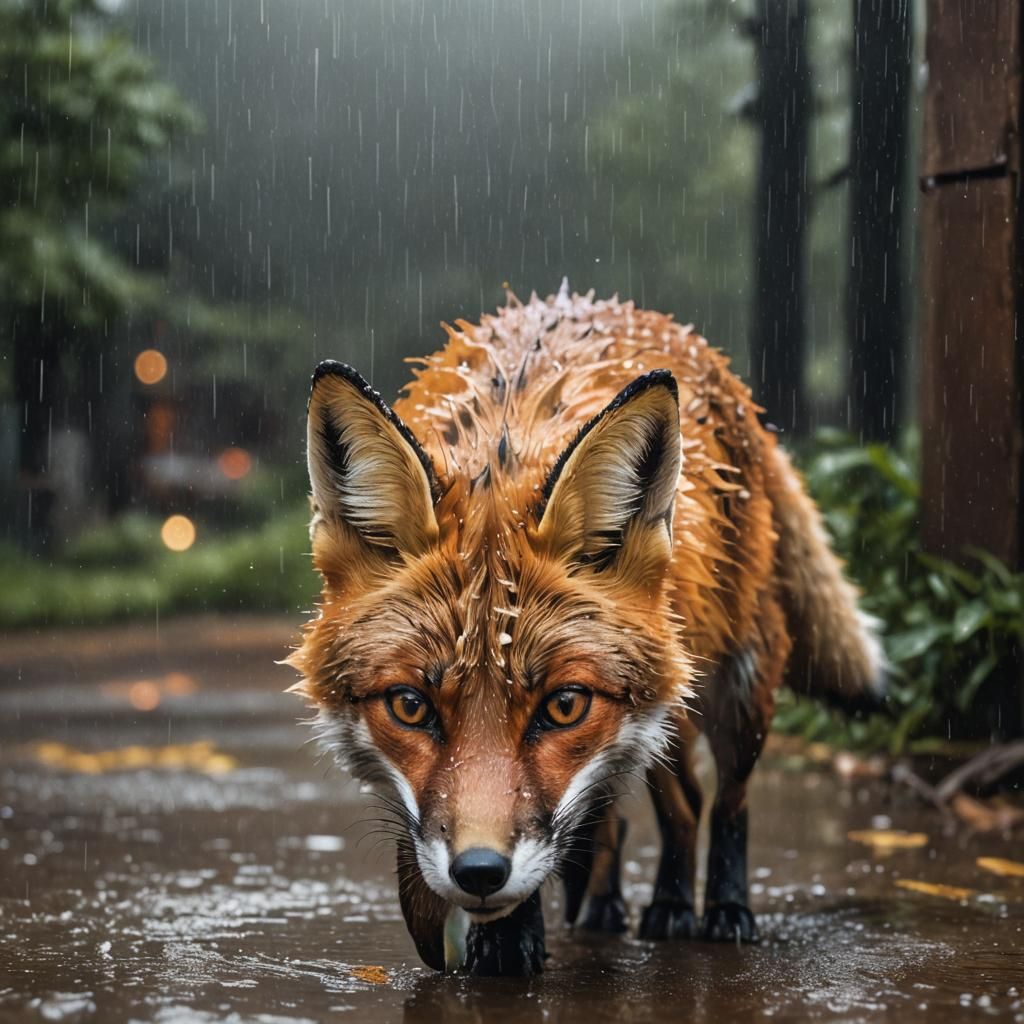 Fox Sheltering from Rain in Hyperrealistic Style
