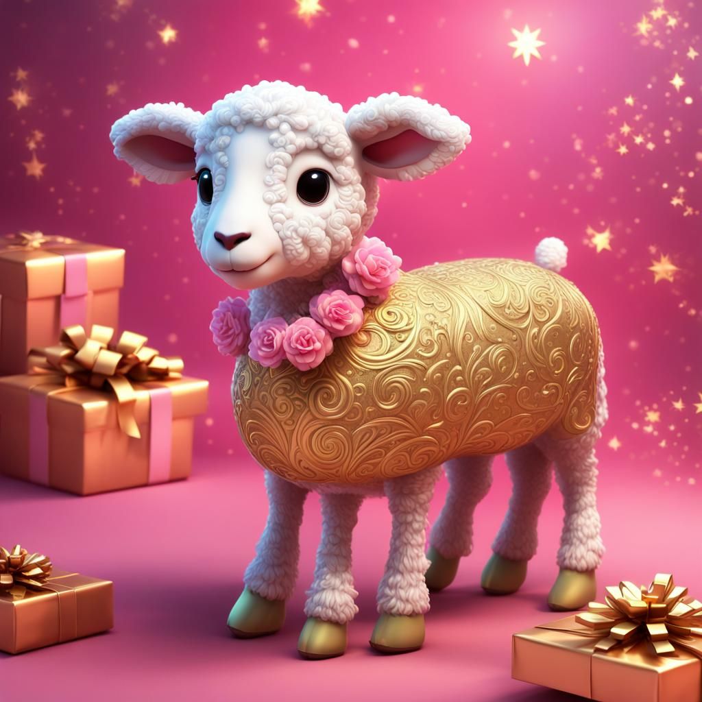 Christmas Lamb with Golden Gift: 3D Digital Art